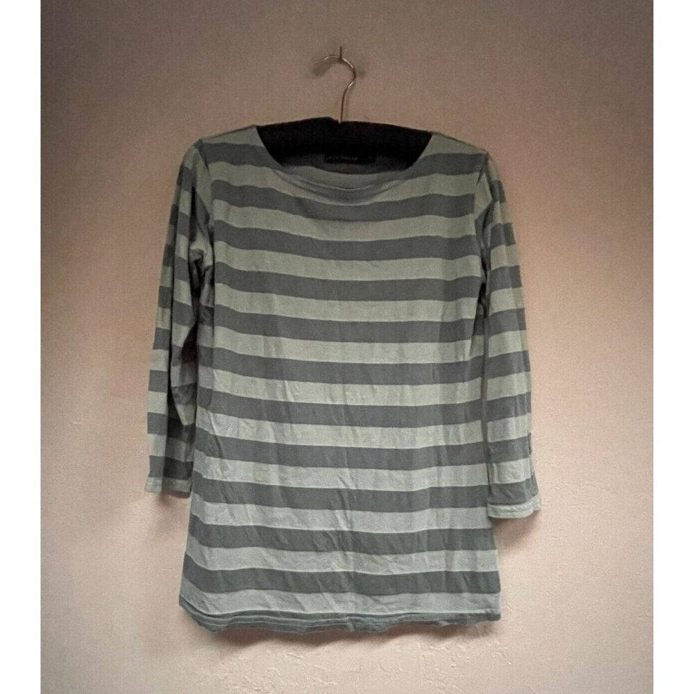 Cut Loose Womens Boat Neck Striped T-Shirt Top XS 3/4 Sleeve Green Cotton Tencel